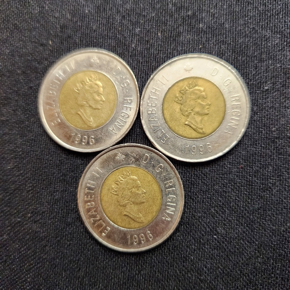 Lot Of 3 Vintage 1996 Canada Two Dollar Toonie Coins Elizabeth II Polar Bear
